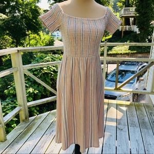 Roxy Pretty Lovers Off Shoulder Dress Peachy Tan Gray & White Stripes Size XS